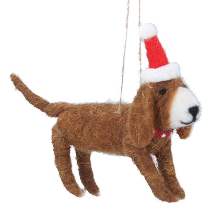 Gisela Graham Mixed Wool Brown Santa Dog Christmas Decoration